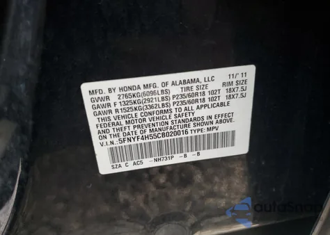 2012 Honda Pilot Exl from USA, damaged, VIN 5FNYF4H55CB020016